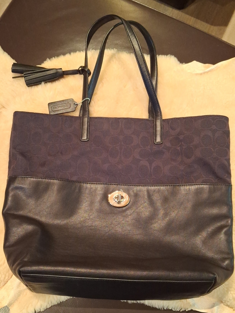 Coach Black Signature Leather-Trim Tote